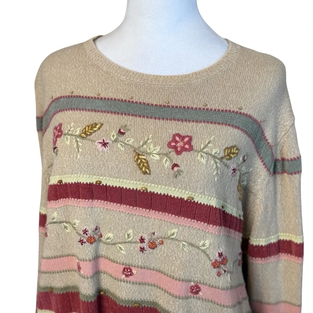 Alfred Dunner Floral Embroidered Beaded Sweater Womens XL Grannycore Cottagecore